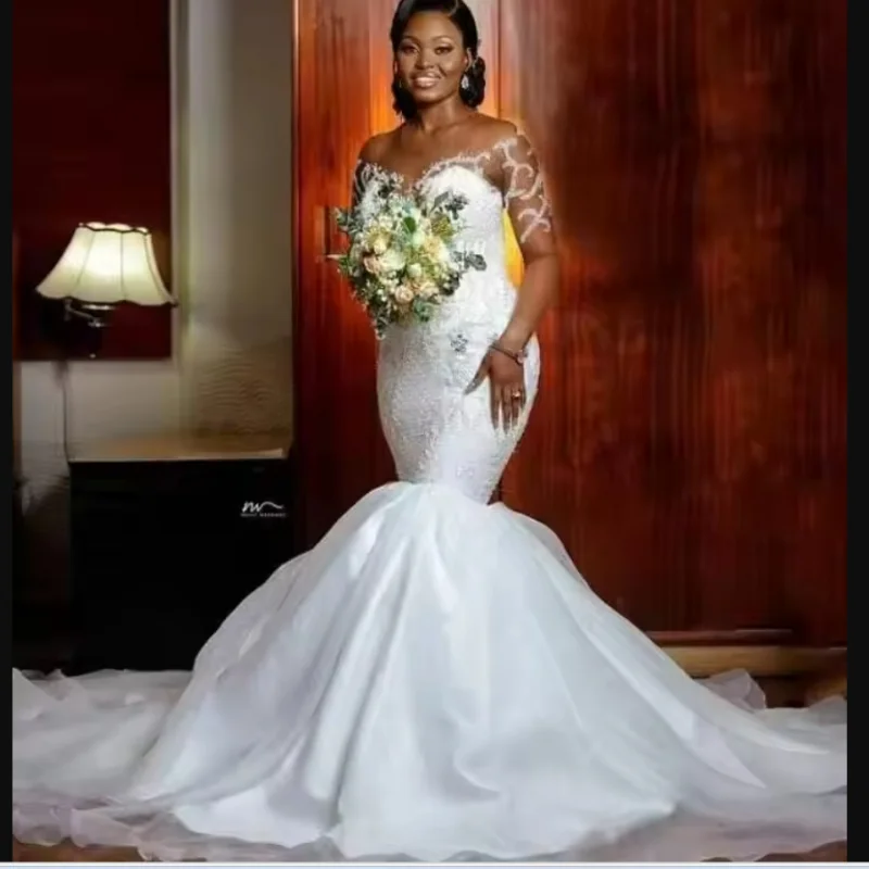 Customized Sheer Neck Shinny Sequins Beads Plus Size Wedding Dress Vestido De Noiva Full Sleeves  African  Bridal Gowns