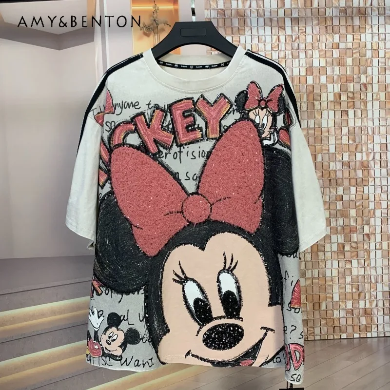 

Trendy Brand Fashion Heavy Industry Bow Cartoon Age-reducing T-shirt Pullover Loose Short-sleeved Tshirts Top Women's Y2k Tees