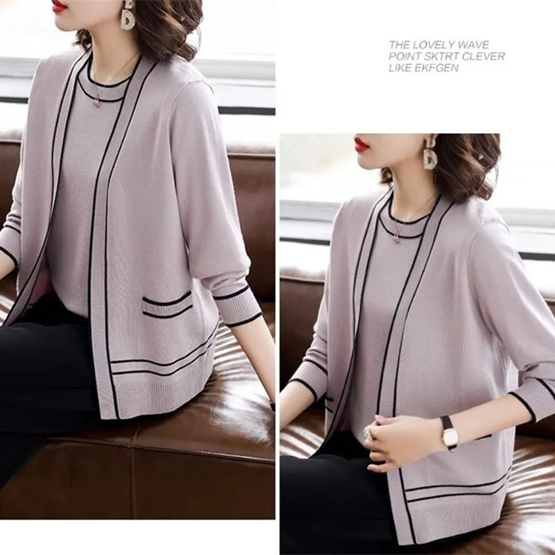 

Female Fashion Knitt Cardigan Two-piece Set Korean Middle Aged Mother Large Size 4XL Sweater Autumn Ladies Fashion Knitted 2PCS