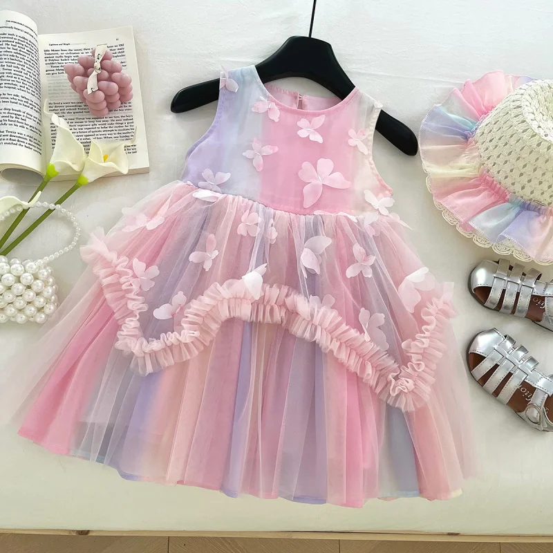 

Girls' summer dress, stylish rainbow tank top with mesh princess skirt, sweet and fluffy tulle dress for little girls
