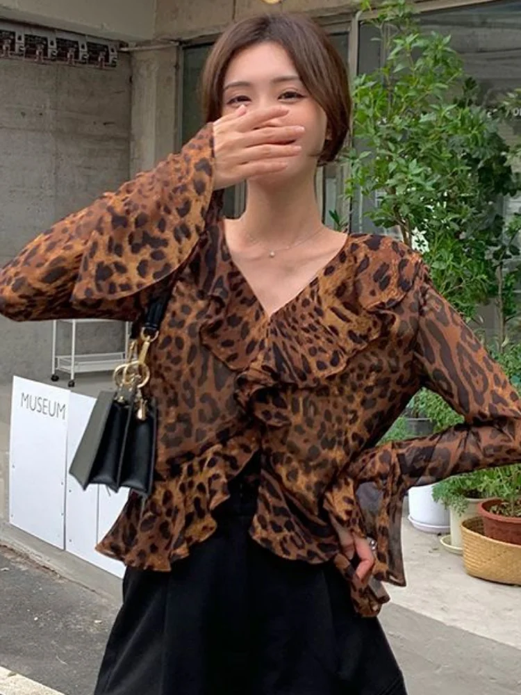 Leopard Blouses Women Ruffles Vintage Flare Sleeve Summer Sun-proof Ladies Temperament Slim Fashion Ulzzang Korean Style Chic