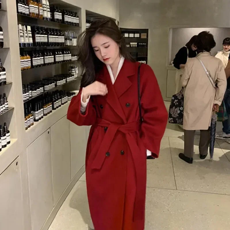 

autumn and winter new classic double-breasted imitation woolen coat women's medium and long woolen coat women's