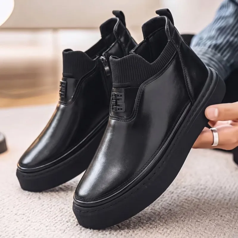Autumn Fashion Men Casual Shoes High Quality Leather Ankle Boots High Top Slip on Walking Footwear Comfort Platform Chelsea Boot