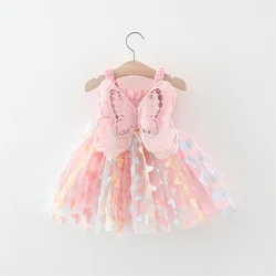 Summer Girls' Princess Party Birthday Dress Back Bow Wings Fairy Strap Embroidered Butterfly Mesh Dress