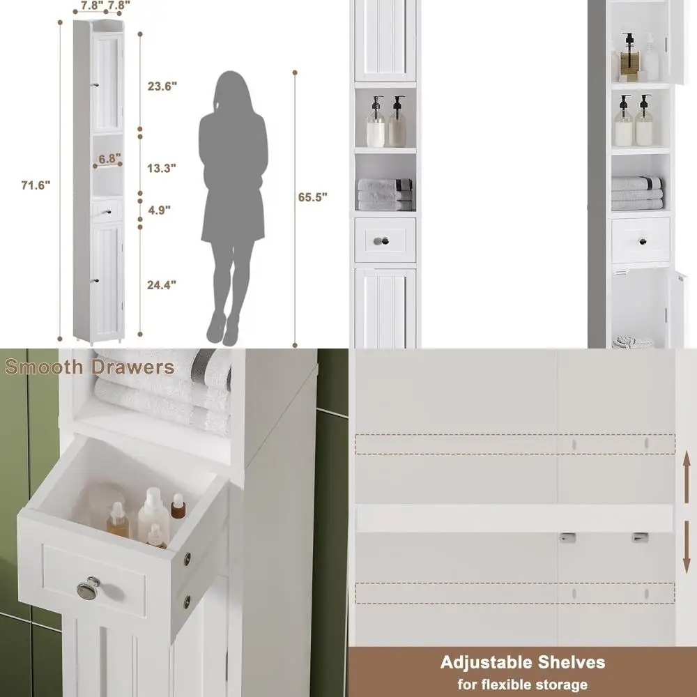 

Space-Saving White Tall Cabinet with Adjustable Shelves and 2 Doors for Small Bathrooms