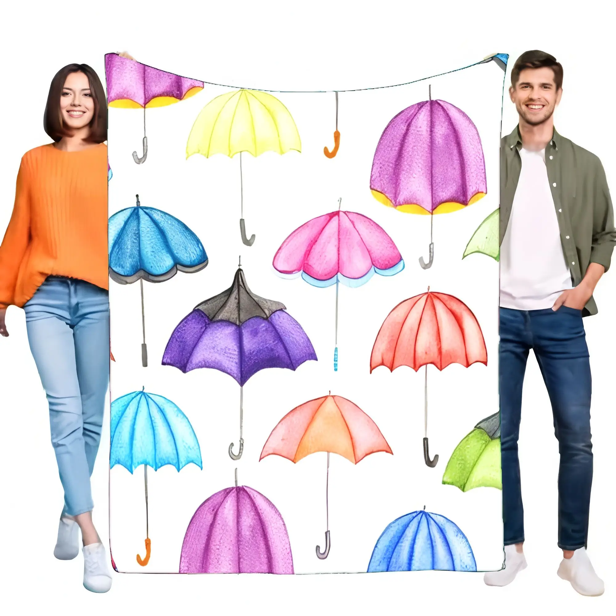 Soft Flannel Fleece Blanket Colorful Watercolor Umbrellas Print Throw for Bed Sofa Couch Cozy Warm Lightweight Decorative Home D