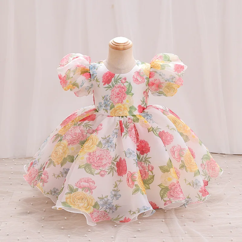 Gaun anak perempuan motif bunga, gaun putri kerah O, motif bunga, lengan gelembung pendek, gaun pesta ulang tahun Kelim Ruffles bulu