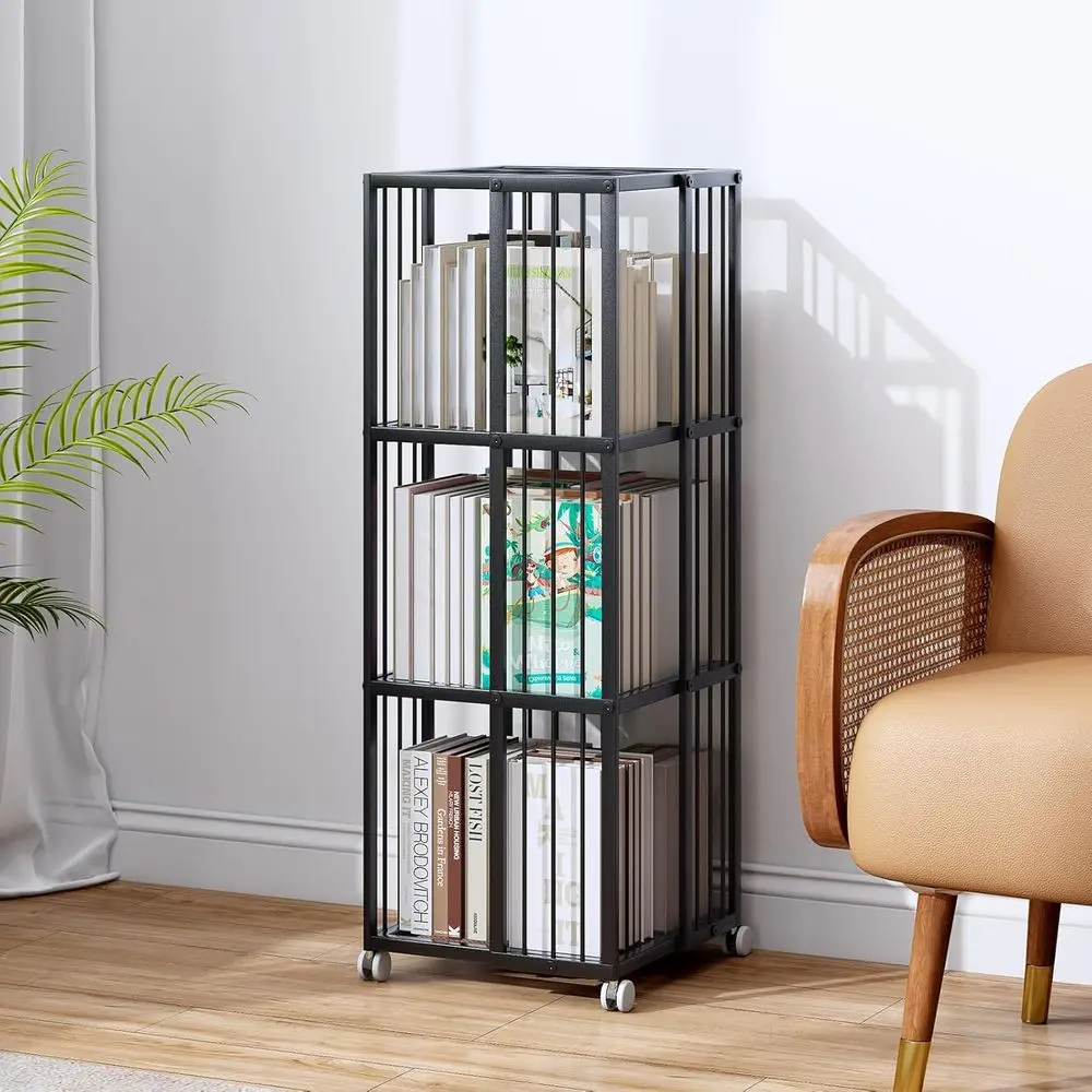 

Rotating Bookcase Black 3 Tiers Metal Bookshel, 360°CuLarge acity or Small Space with Storage