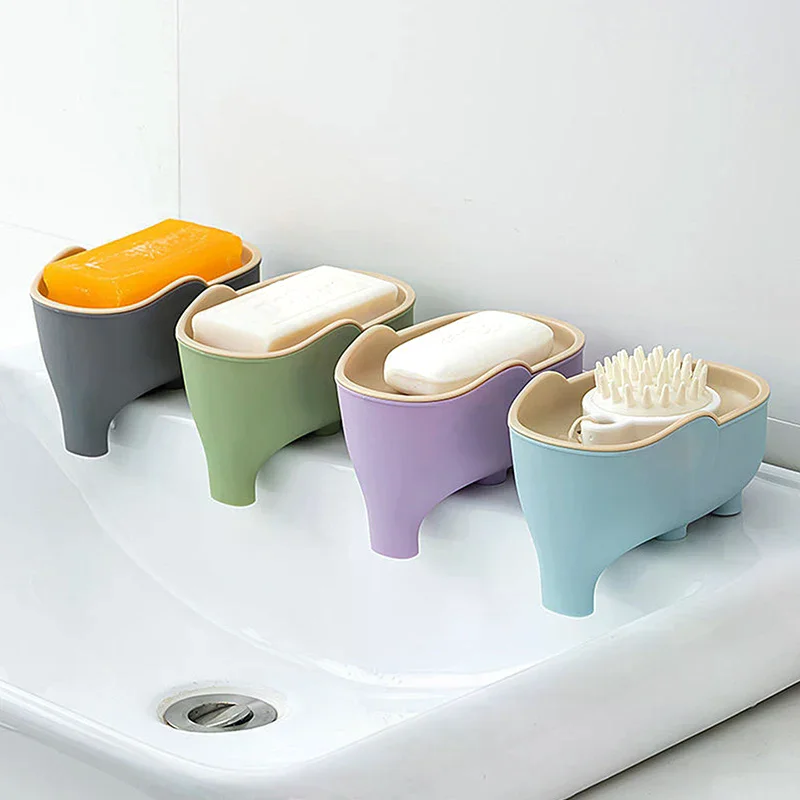 Soap Box NEW Double Layer Creative Cute Elephant Bathroom Accessories Home Decorative Children Students Waterproof Drain Rack ﻿