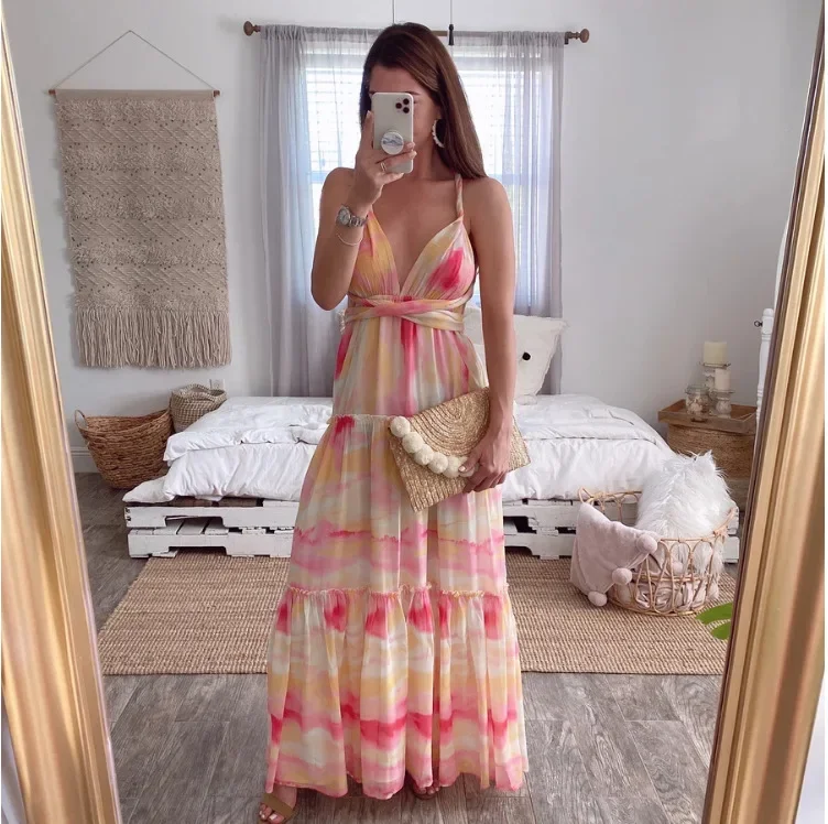 

Summer New Dresses Fashion Gradient Women Dress Sexy Deep V Hanging Neck Splicing Irregular Printed Female Vestidos