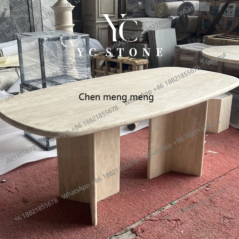 

Кремовый ветер, натуральный травертин, обеденный стол, светлый, роскошный, высококачественный, креативный дизайн, мраморный обеденный стол