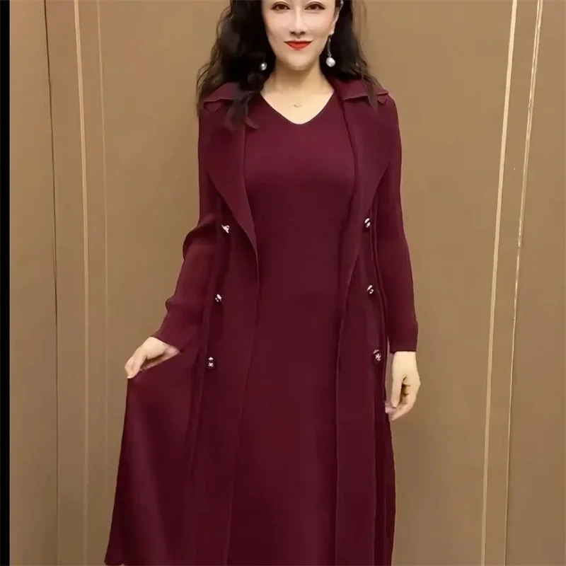 Spring Autumn Fashion Slim Pleated Suit Collar Fake Two Piece Windbreaker Coat Comfortable Waist Shrinking Elastic Dress Belt