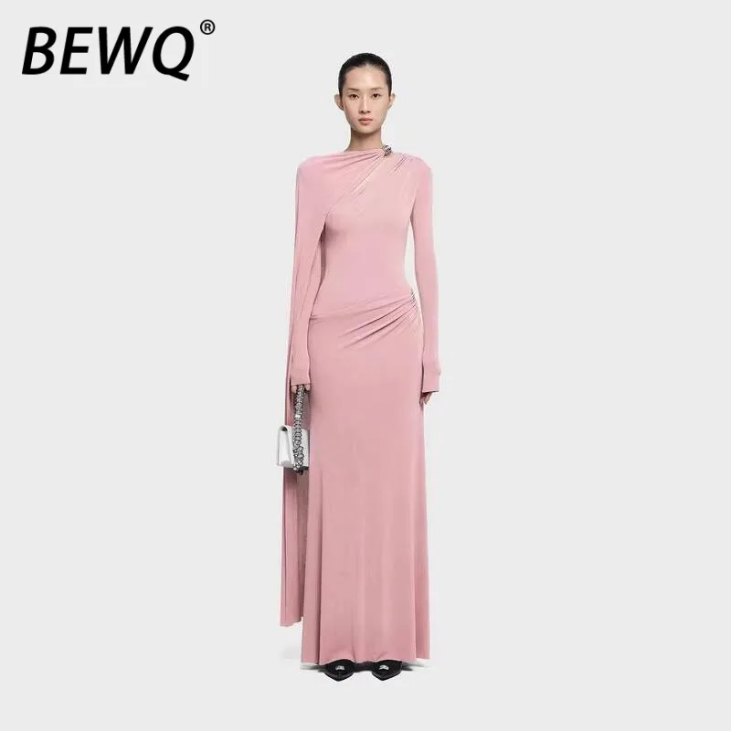 

Элегантное однотонное женское платье BEWQ с длинными рукавами, круглым вырезом, вырезами и плиссировкой, для вечеринок, весна 2026, новинка