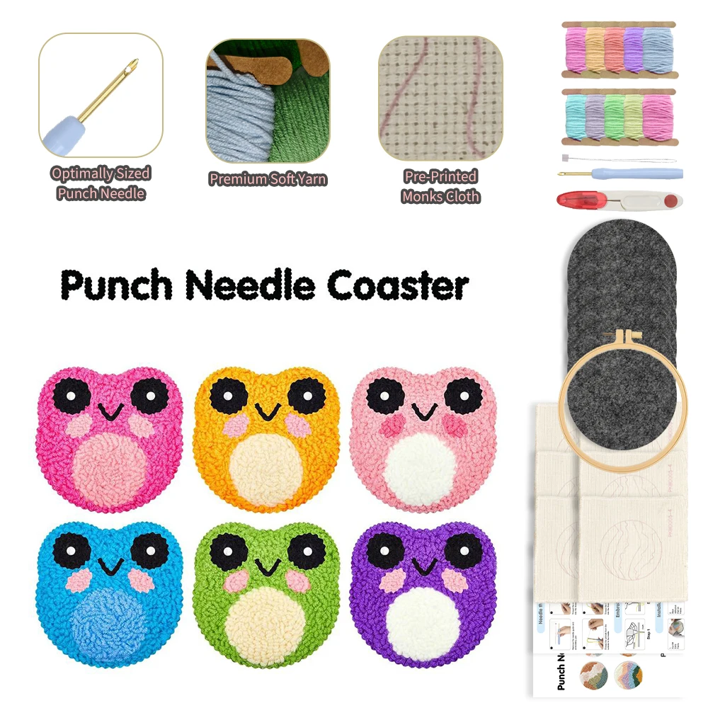 

CHENISTORY 6pcs Craft Punch Needle Coasters Kit Colorful Frog Patterns Suitable Beginners Handmade Embroidery Set For Gifts