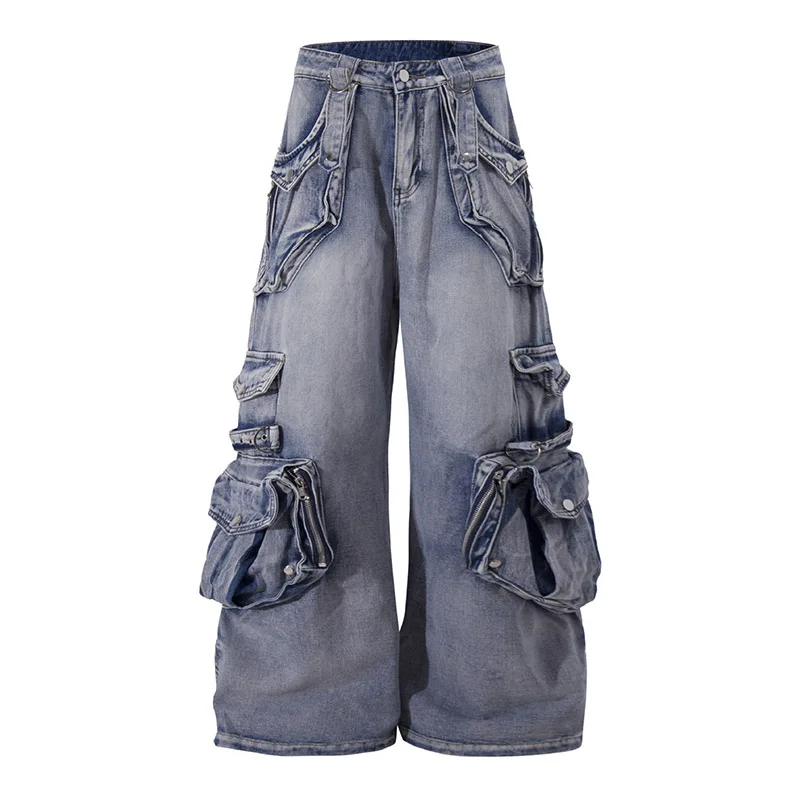 Hi Street Cargo Blue Casual Jeans Pants Loose Streetwear Vintage Denim Trousers For Male Multi Pockets
