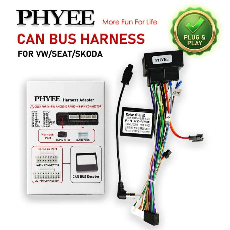 CAN Bus Decoder Harness for VW PQ35 Golf MK5/6 Jetta Polo Beetle, Quadlock 40Pin, SWC, Plug & Play, 16Pin Android Radio Adapter