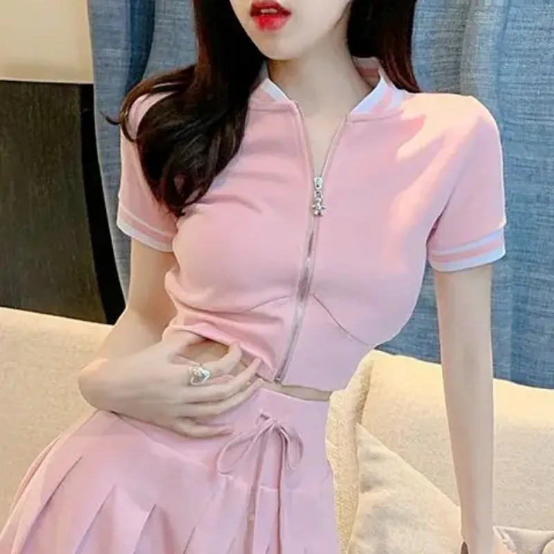 Mini Pink Pleated Skirt 2 Piece Sets Womens Outfits Summer Short Sleeve Crop Top Zipper Shirt Y2k Cardigan Casual Coat