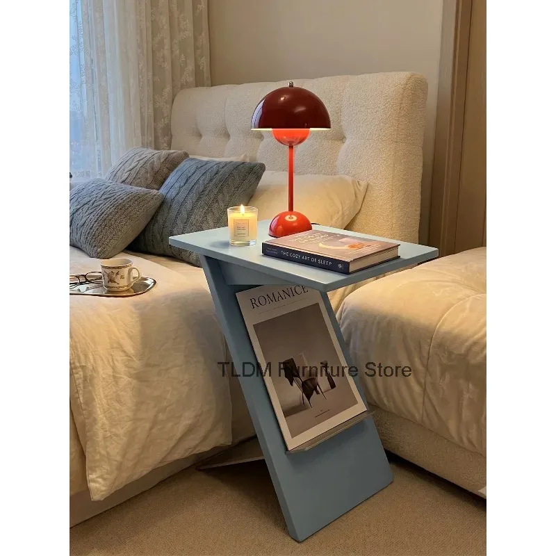 Built-in Top Z-Shaped Minimalist Flat Freestanding & Side Magazine Rack Table Slant with Frame Bedside Accent Table for Bedroom