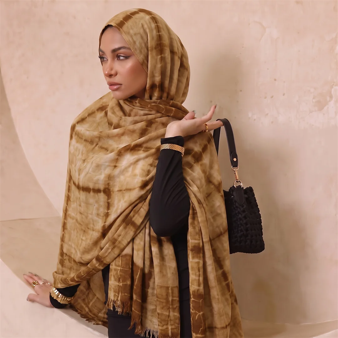 Fashion Tie Dye Rayon Hijab Scarf Fringe Edge Muslim Women Headscarf Wrap Soft Lightweight Breathable Islamic Daily Turban Shawl view 3