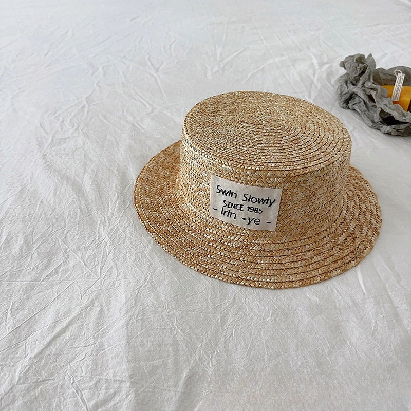 2025 Summer Baby Straw Hat with Big Label Kids Panama Caps Boys Girls Baby Sun Hat Sun Protection Vacation Beach Cap