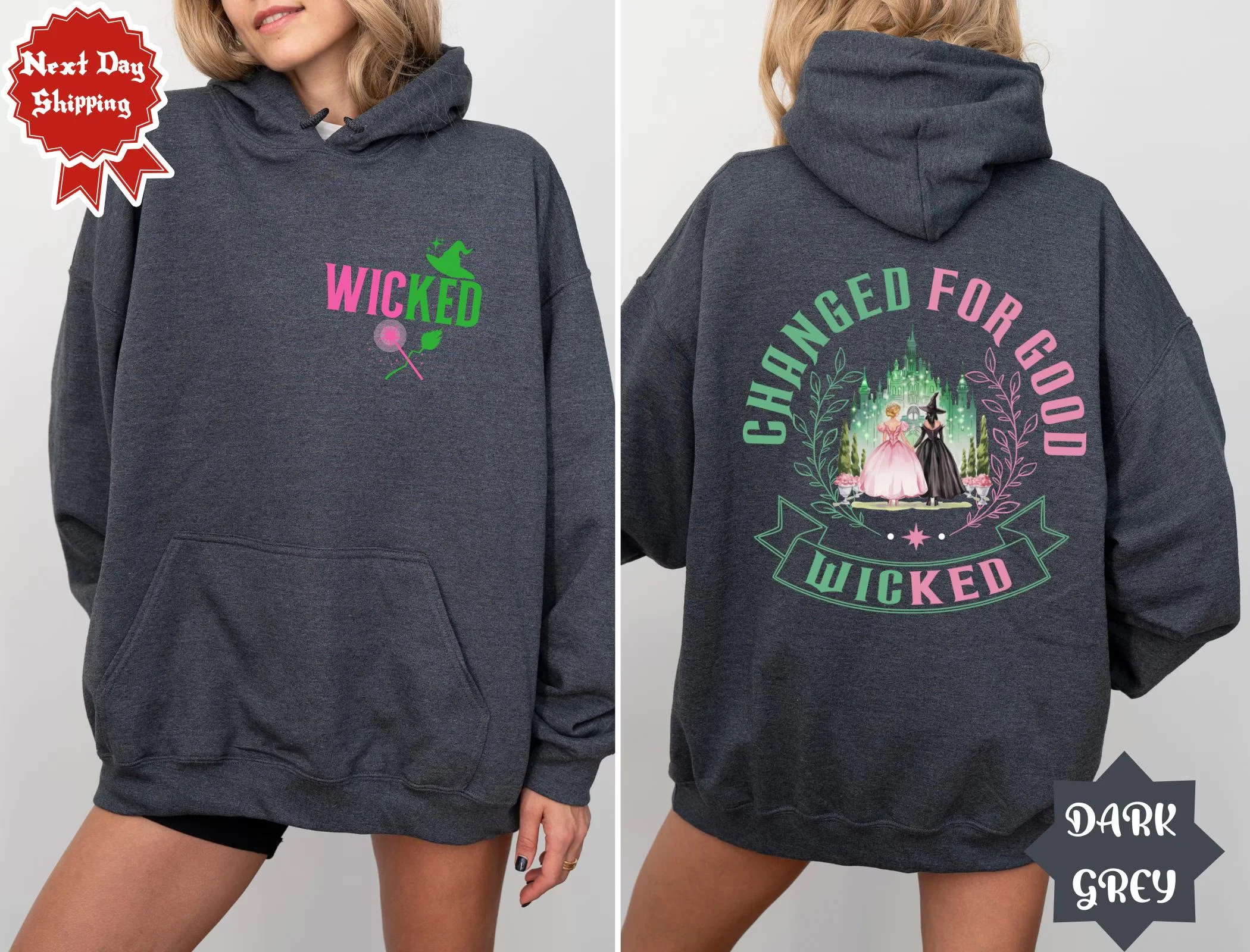 Wicked Defying Gravity Hoodie Men's and Women's Music Movie Pattern Pink Green Magic Broom Witch Casual Hoodie