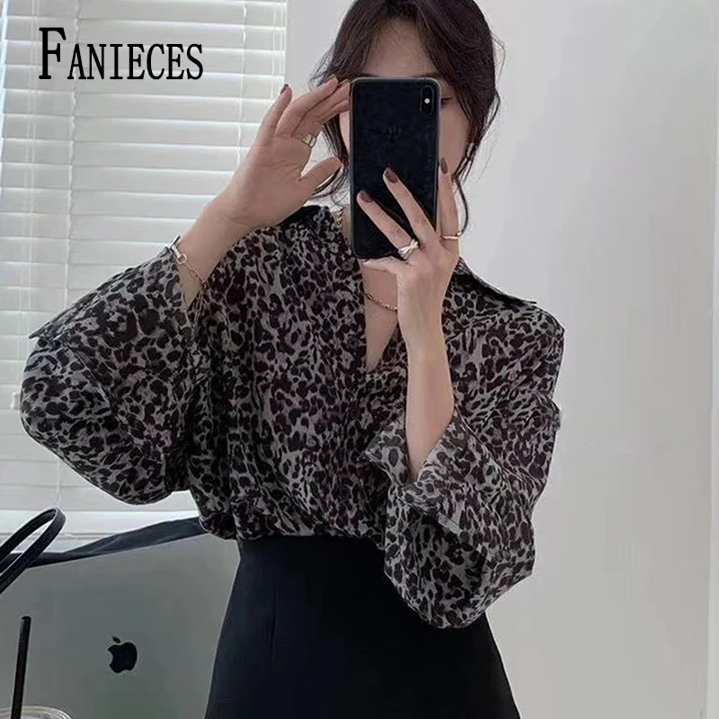 한국인 리뷰 많은 옷 Leopard Blouses Women Shirts New Long Sleeves Chic Button Tops Fashion Casual Loose Shirts 2024 Spring