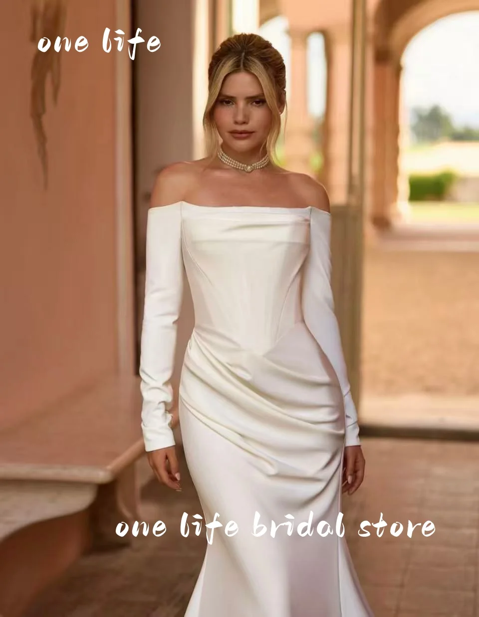 Vintage uma linha mulher vestido de casamento fora do ombro mangas compridas vestidos de noiva rendas pérolas trem varredura vestido personalizado de não