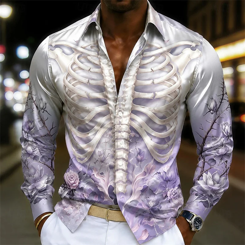 New dark style skeleton rib purple rose 3D printed shirt with personalized men's long sleeved slim fit shirt
