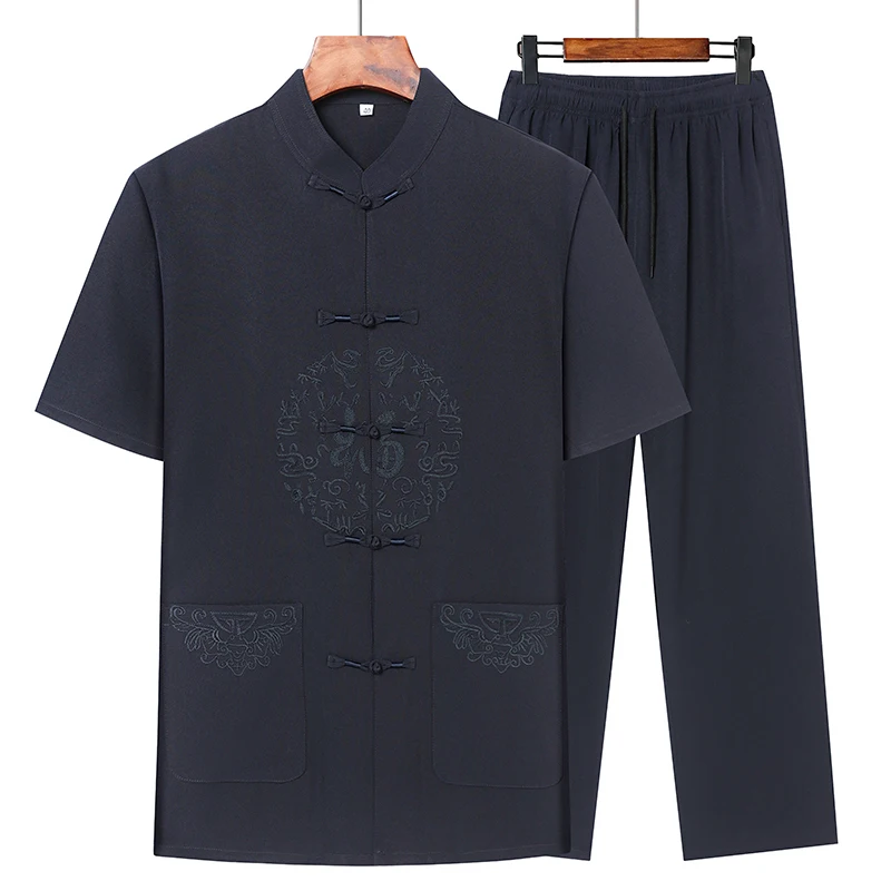 2026 Summer Men Chinese Style Middle-Aged Sets Men Summer Thin Embroidery Tang Suit Set Two Piece Casual Outfit