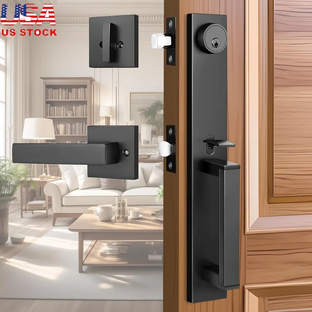 

Наружная дверная ручка, набор замков с засовом, матовый черный, сверхмощный цинковый сплав, полная накладка, кнопочная защелка, простая установка