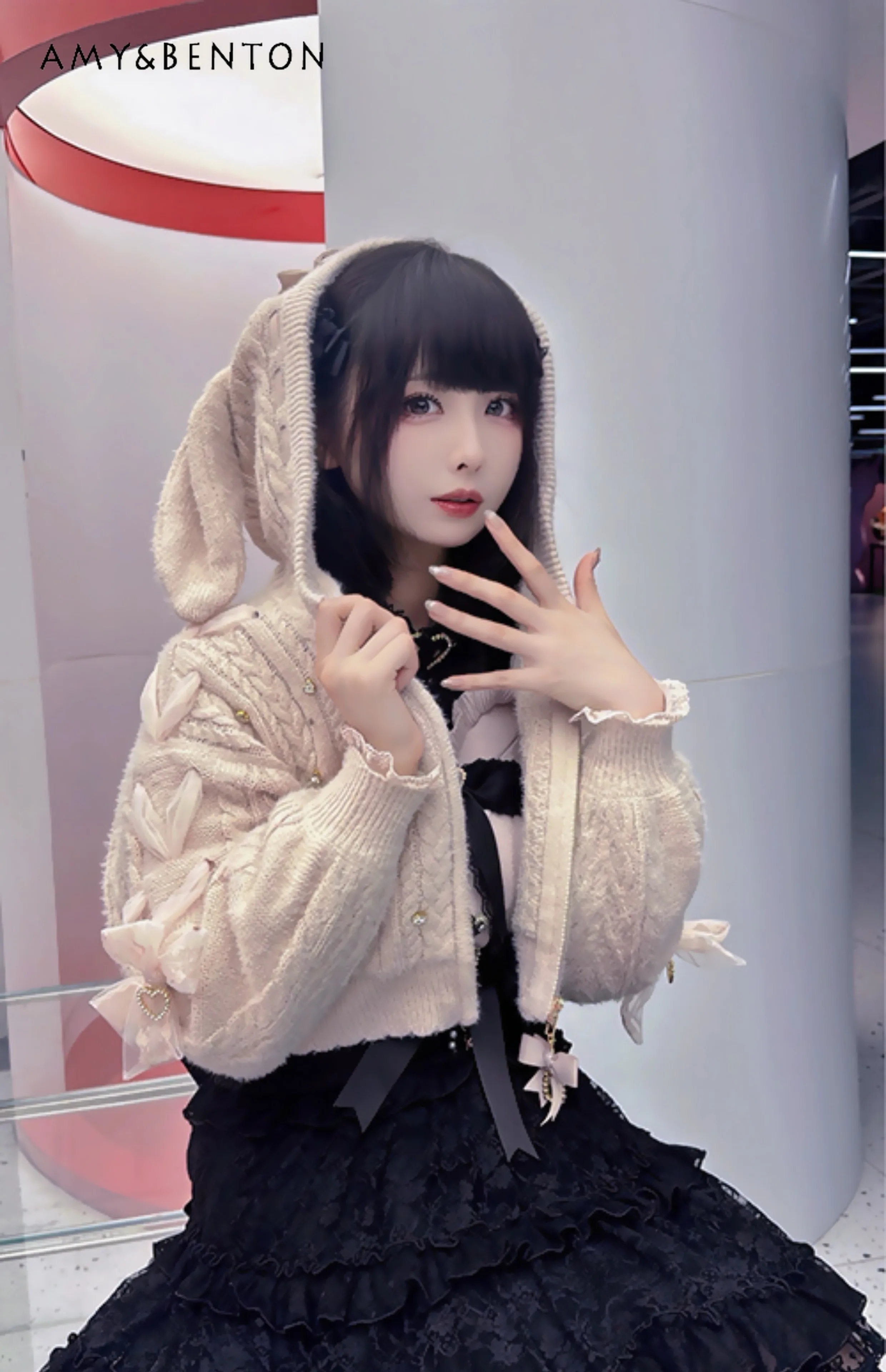 Japanese New Mine Series Mass-produced Cute Rabbit Ear Crochet Rhinestone Hooded Knitted Cardigan Kawaii Lolita Cropped Cardigan