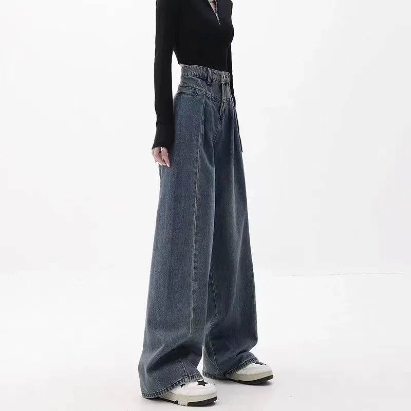 Spring Autumn Korean Fashion Streetwear High Waist Baggy Jeans Women Straight Thin Drape All-Match Wide-Leg Pants Jeans Femme