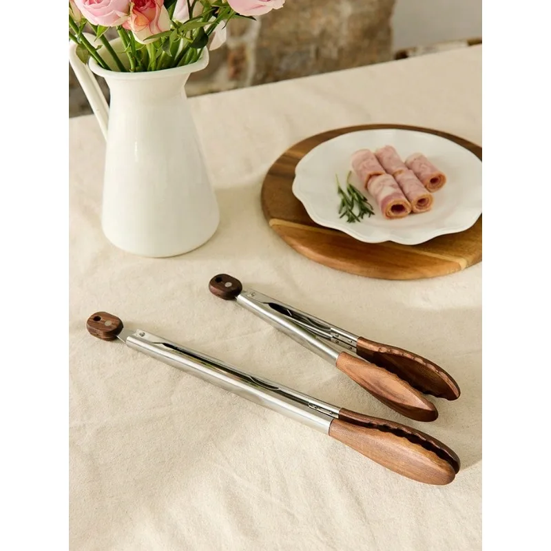 Cirelle Wooden Kitchen Tongs for Cooking,12-inch Stainless Steel Salad Tongs with Walnut Tips,Non-Scratch&Heat-Resistant for BBQ