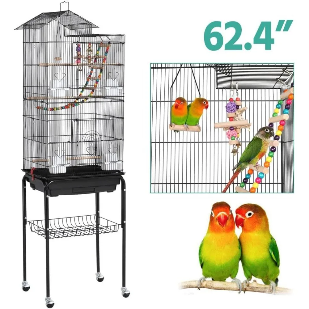 64 Inch Open Top Small and Medium-sized Parrot Long Tailed Bird Cage, with Detachable Rolling Bracket, Pet Flying Bird Cage