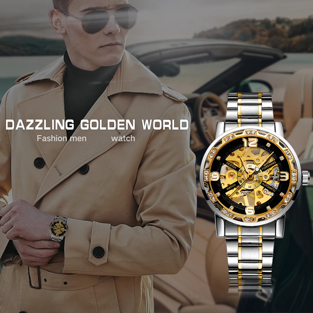 นาฬิกาข้อมือผู้ชาย FORSINING แฟชั่นลำลอง สลักลายหรูหรา โครงกระดูก เครื่องจักรกล ประดับเพชรเทียม เข็มเรืองแสง ดีไซน์เท่ห์ สายสตีล