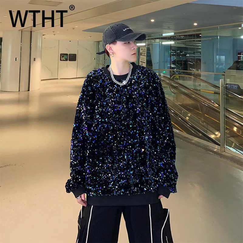 

WTHT модные мужские свободные уличные футболки со сращенными пайетками, модные топы с длинными рукавами и круглым вырезом, мужские осень 2023, 2A1418