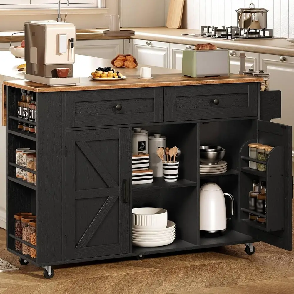 

47, подвижный кухонный остров с выдвижным листом, розеткой, полками, ящиками, ящиками для хранения, коричневым и черным рустикальным цветом