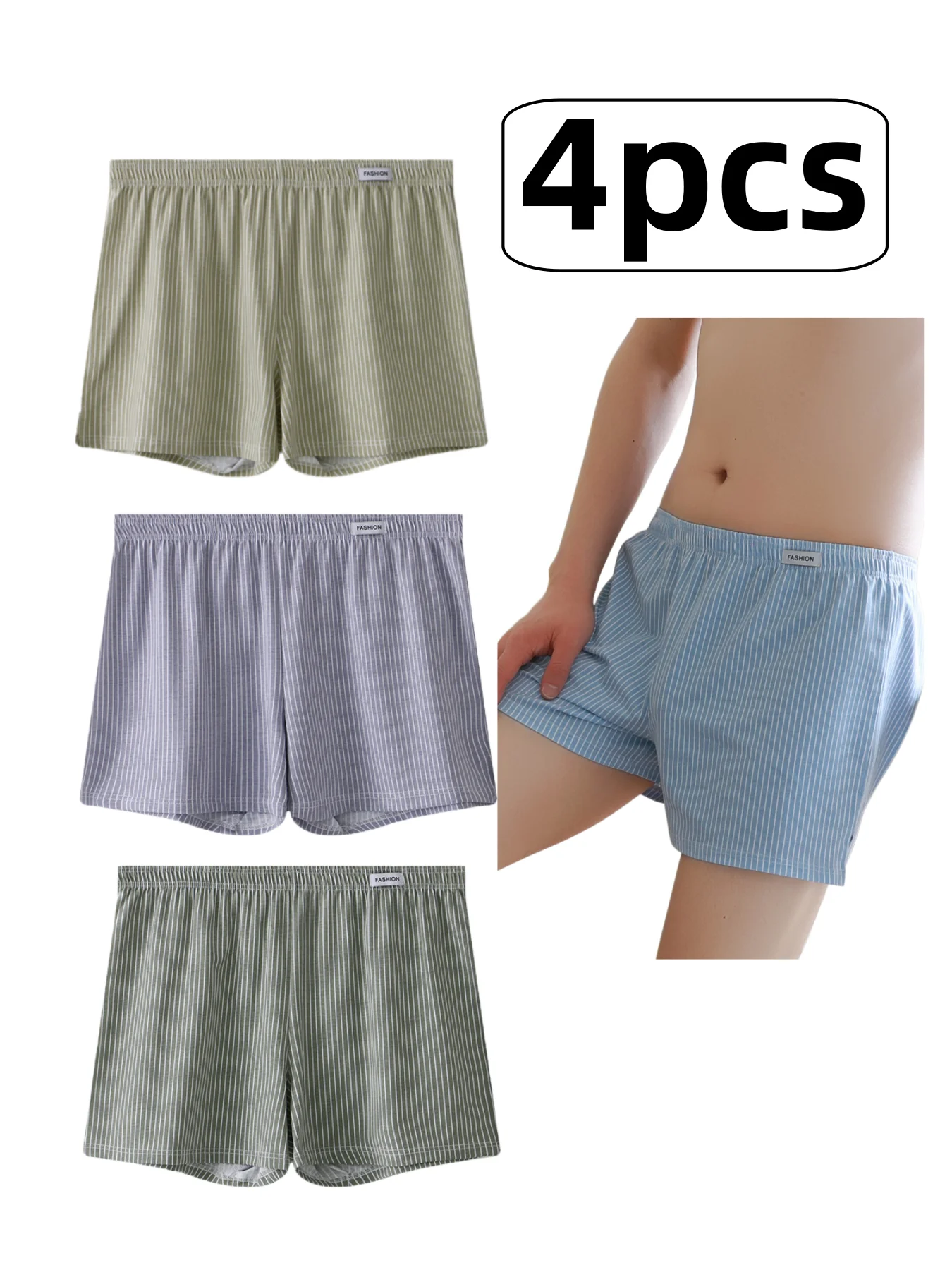 Four-Pack Men's Simple Striped Cotton Skin-Friendly Long Boxer Briefs with Split Design, Loose and Breathable, Suitable for Home Casual Wear or Outdoor Wear, Aro Pants, Sleep Pants