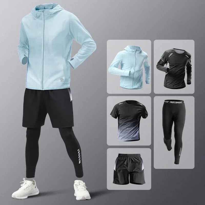 5pcs Men's Lightweight Spring Summer Ice Silk Athletic Set Quick-Dry Running Clothes Outdoor Cycling Fitness Men Sportswear Set