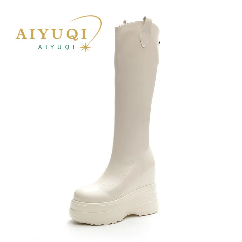 Botas de couro genuíno para mulheres, botas internas de salto alto de 11cm, moda, nova, 2024