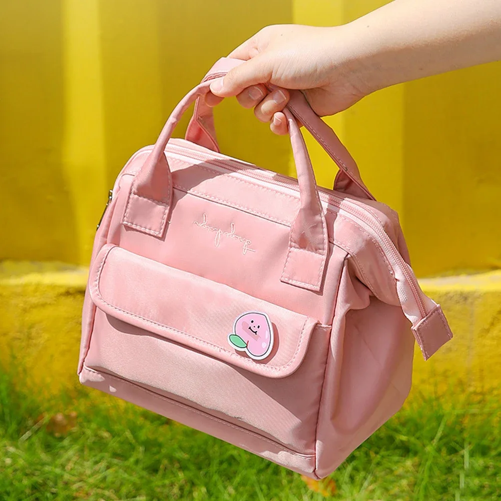 Kawaii Lunch Bag Women Cute Peach Picnic Travel Thermal Breakfast Box Girls School Child Portable Lunch Box Ladies Tote Food Bag