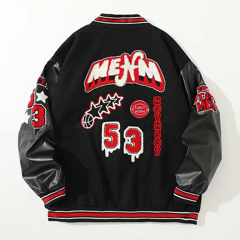 Bomber Jacket Men Women Flocking Hip Hop Loose Casual Patchwork Coat Unisex Embroidery High Street Varsity Baseball Outwear 2023 view 2