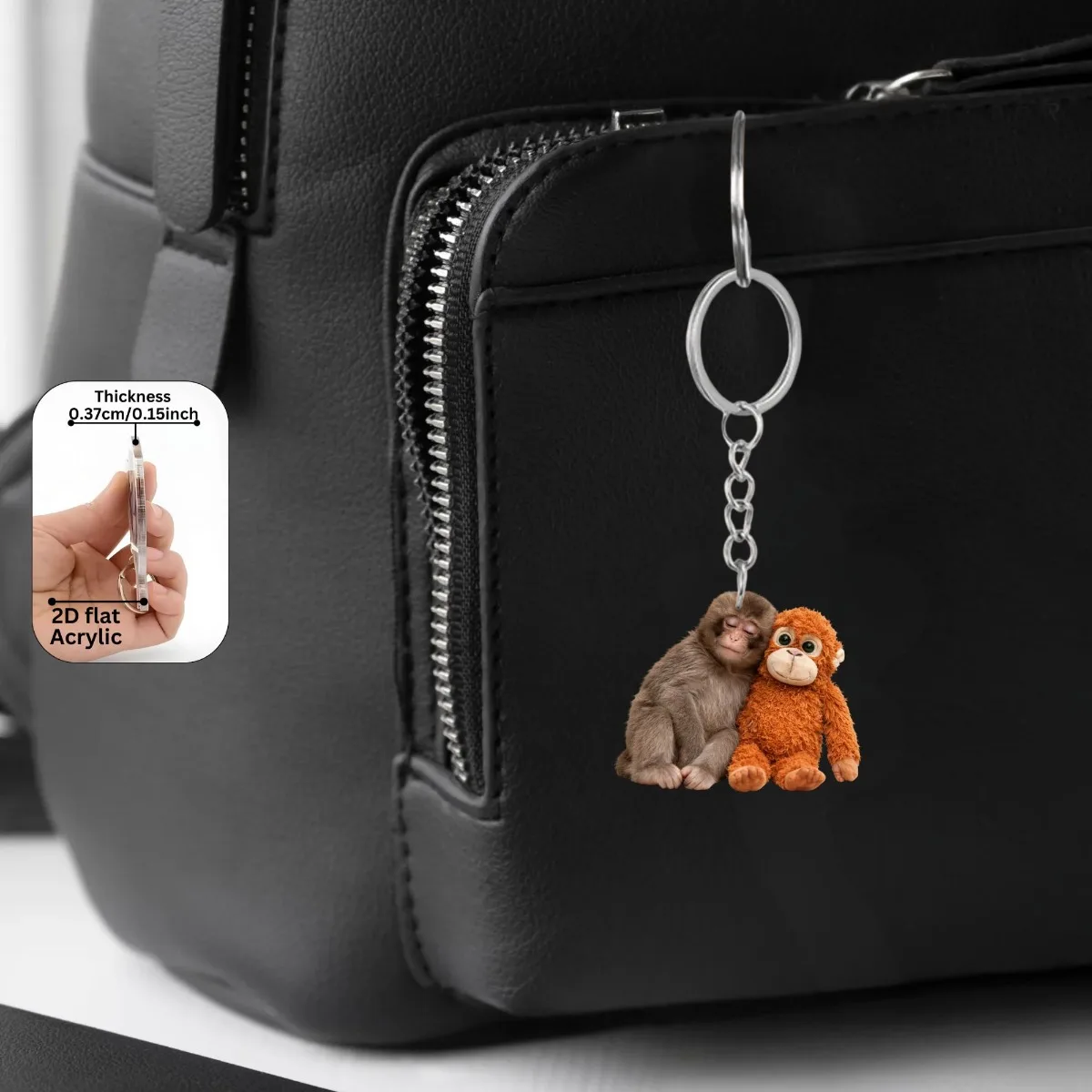 2D flat acrylic cut-out monkey keyring; cute hugging monkey pendant; car wing mirror charm; a gift for animal lovers and friends - Detail 1