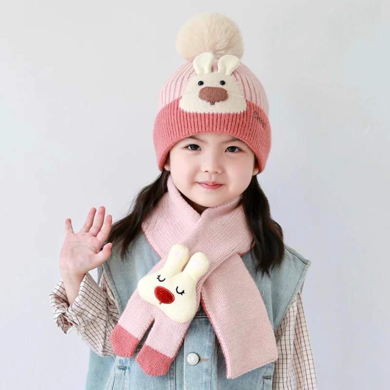 

Winter Cute Cartoon Kids Hat with Scarf Girls Warmth Knitted Beanie Hats Children Ear Protection Headwear Cap 2-6Y