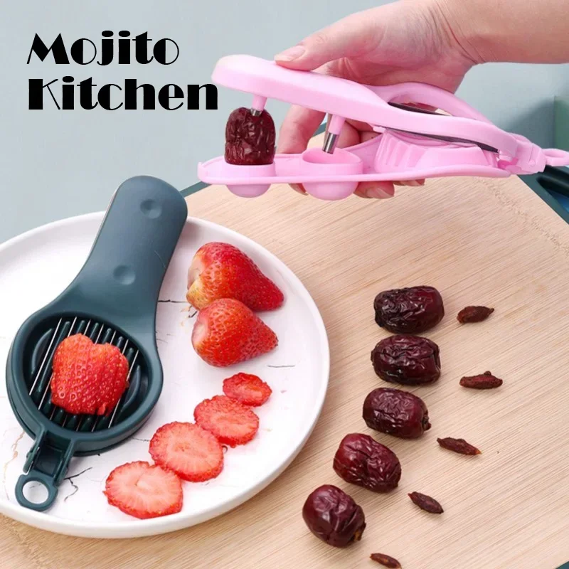 New Jujube Kernel Remover, Slicer, 2-in-1 Kitchen, Vegetable Salad Tool, Strawberry Slicer, Olive Cherry Pit, Household Gadget