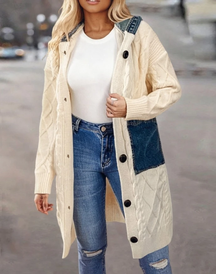 Winter Jacket Woman 2024 Autumn Elegant Women\'s Argyle Cable Knitted Long Cardigan Button Up Denim Patchwork Hoodie Long Jacket