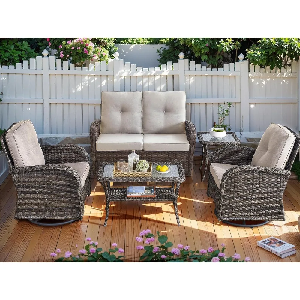 

5-Piece Patio Furniture,All-Weather Rattan Swivel Chairs Bistro Set with Loveseat Coffee Table, Outdoor Wicker Conversation Set