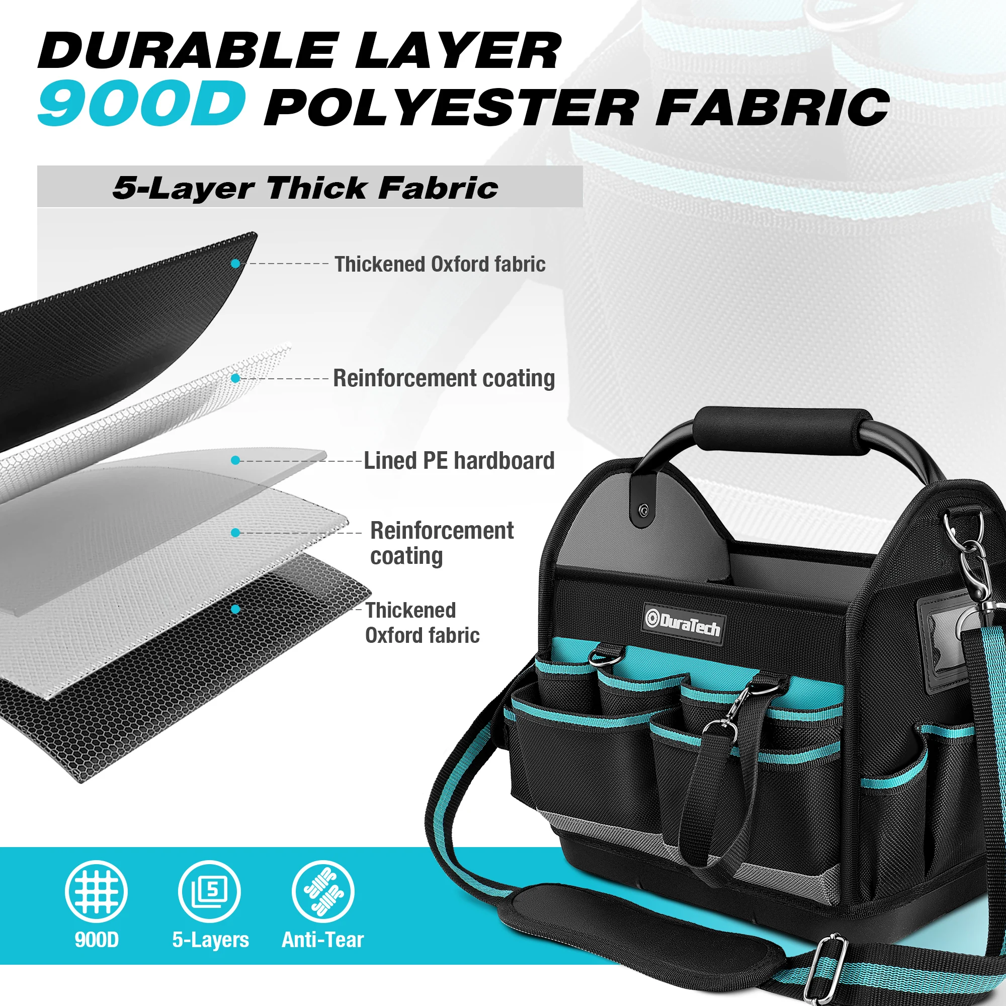 DuraTech 12 Inch Tool Bag with Multi-Pockets Wide Mouth Tool Tote Durable Wear-Resistant Base Waterproof Oxford Cloth Bag