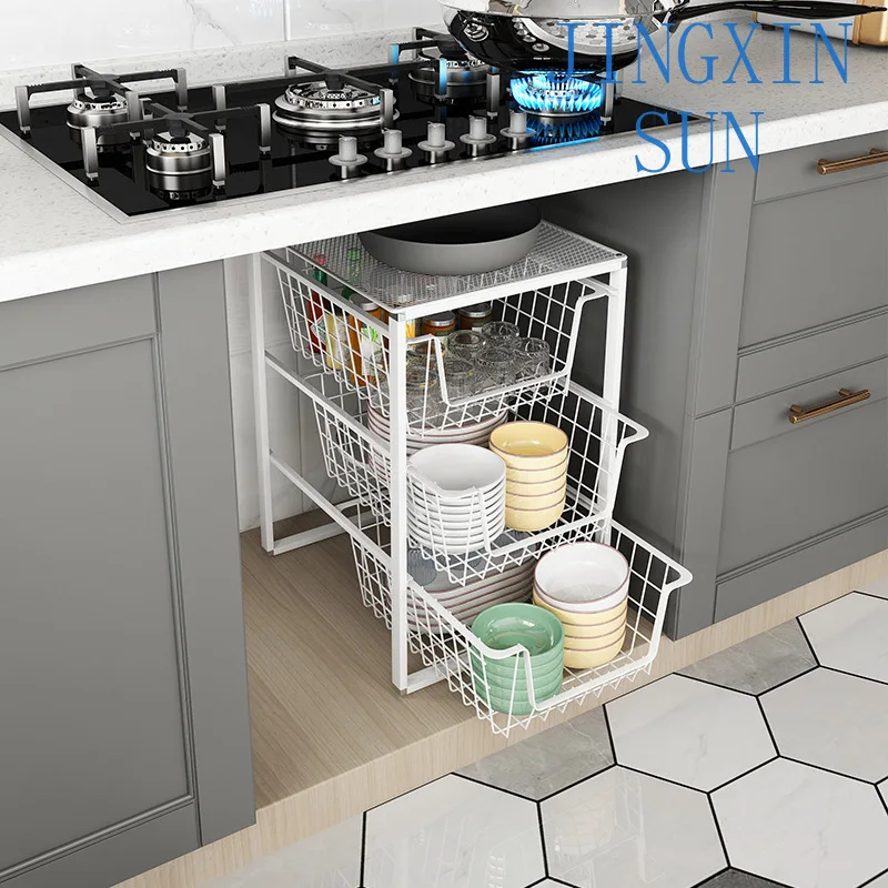 Kitchen basket cabinet, basket drawer type, dishes, seasoning, wrought iron double corner cabinet, pull-out transformation