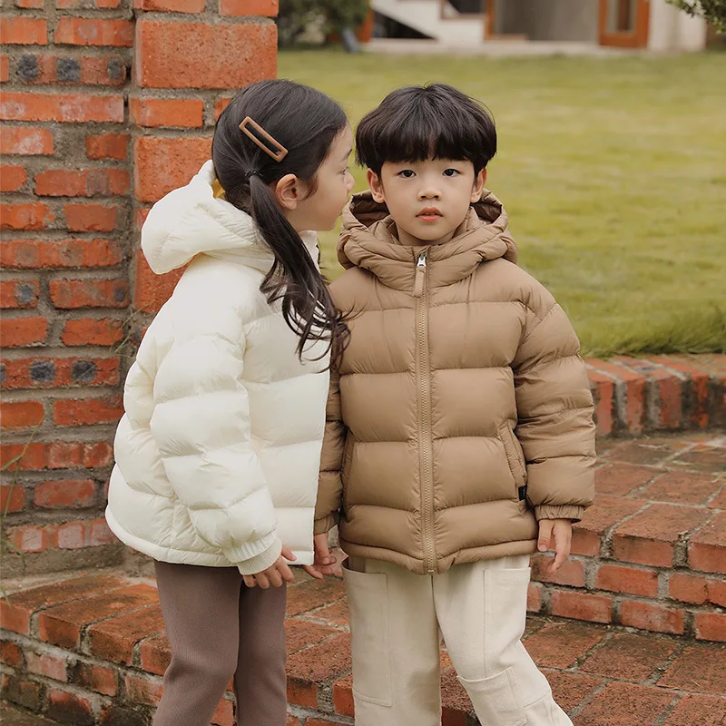 

Winter Kids Down Jacket Simple Solid Hooded Thickened Warm Children Girls Coat White Down Duck Little Boys Parkas Outerwears